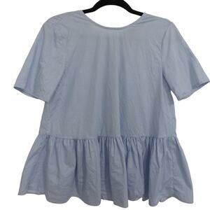 Zara Woman Women Sz M Blue White Striped Flowy Ruffle Hem Bow Tie Back Blouse